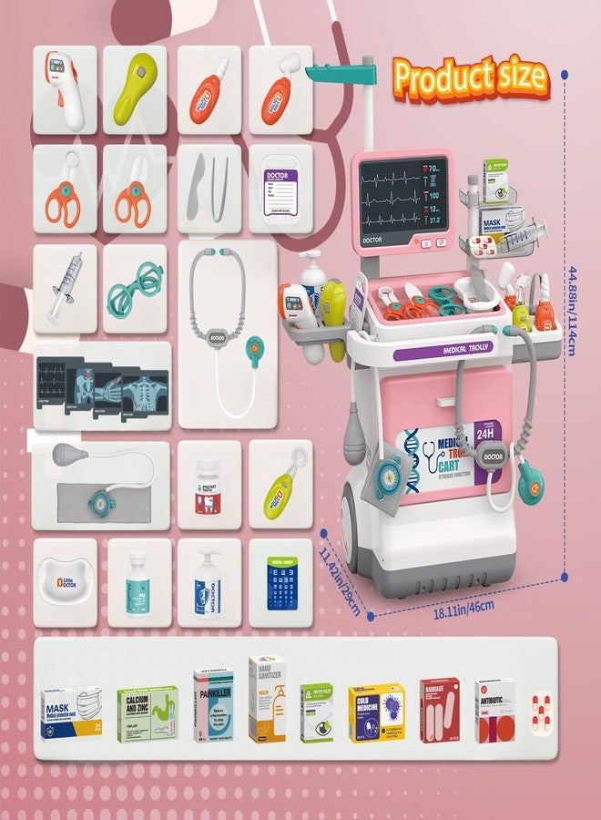 Fegalop Doctor Kit for Kids Pretend Medical Station Set for Boys & Girls Mobile Cart with Kids Play Set for Ages 3 and Up Children Role Play Educational Toys (Pink) - Image 3